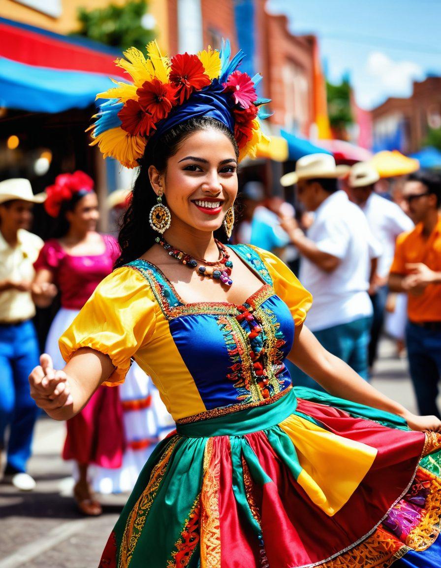 A lively street festival scene showcasing diverse Latino cultural elements, featuring colorful traditional costumes, energetic dance performances, and delicious food stalls. Include a backdrop of vibrant decorations, musical instruments, and joyful faces of people from different Latino backgrounds celebrating together. Emphasize the warmth and unity of the community. vibrant colors. super-realistic. dynamic composition.