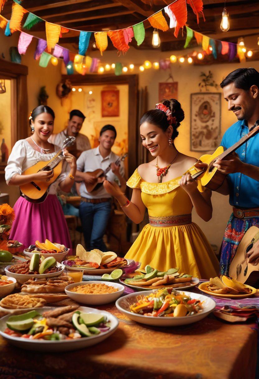 A lively scene depicting a Hispanic celebration with dancers in traditional colorful attire, musicians playing vibrant instruments like guitars and maracas, and a beautifully laid out table filled with traditional Hispanic foods such as tacos and churros. The backdrop should showcase festive decorations with papel picado banners fluttering above, exuding joy and culture. Enhance the atmosphere with warm, golden lighting to evoke a feeling of warmth and invitation. super-realistic. vibrant colors. 3D.