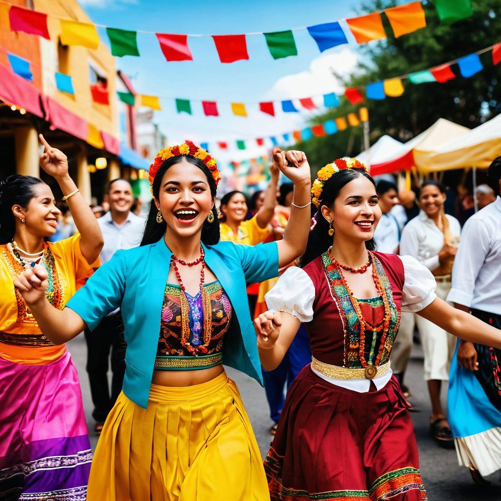 A vibrant scene depicting a diverse group of people joyously celebrating at a Latino festival, with colorful traditional decorations, lively folk dance performances, and food stalls exhibiting cultural dishes. In the background, banners promoting inclusivity and unity can be seen. The image should convey a sense of warmth and community spirit, showcasing a blend of cultural attire. vivid colors. festive atmosphere. 3D.